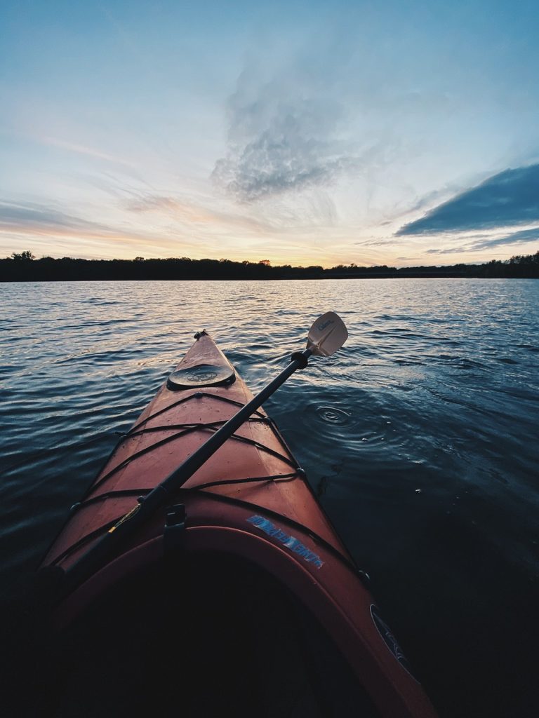 kayak, boat, nature, paddle, kayaking, lake, sunset, island, tranquil, sport, relax